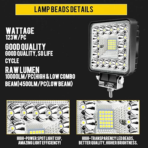Miniatura 3 de Luces LED de trabajo para camión tractor  MUVKQC - Luces LED cuadradas de 4 pulgadas, 10 unidades, 123 W, 10000 lúmenes, barra de luz todoterreno