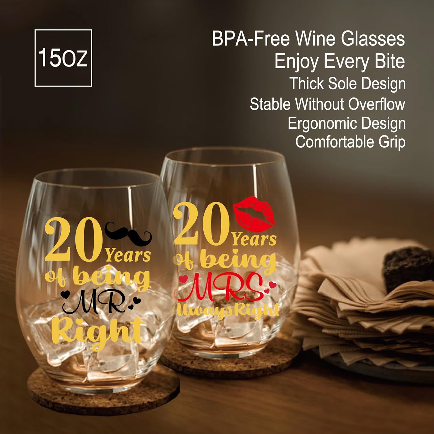 Perfectinsoy 20 Years of Being Mrs Always Right Wine Glasses Set of 2 with Metallic Memorial Card, 20th Wedding Birthday Gifts for Parents, Wife, Soulmate, Couple, Funny 20 Years Milestone Gift - Image 3