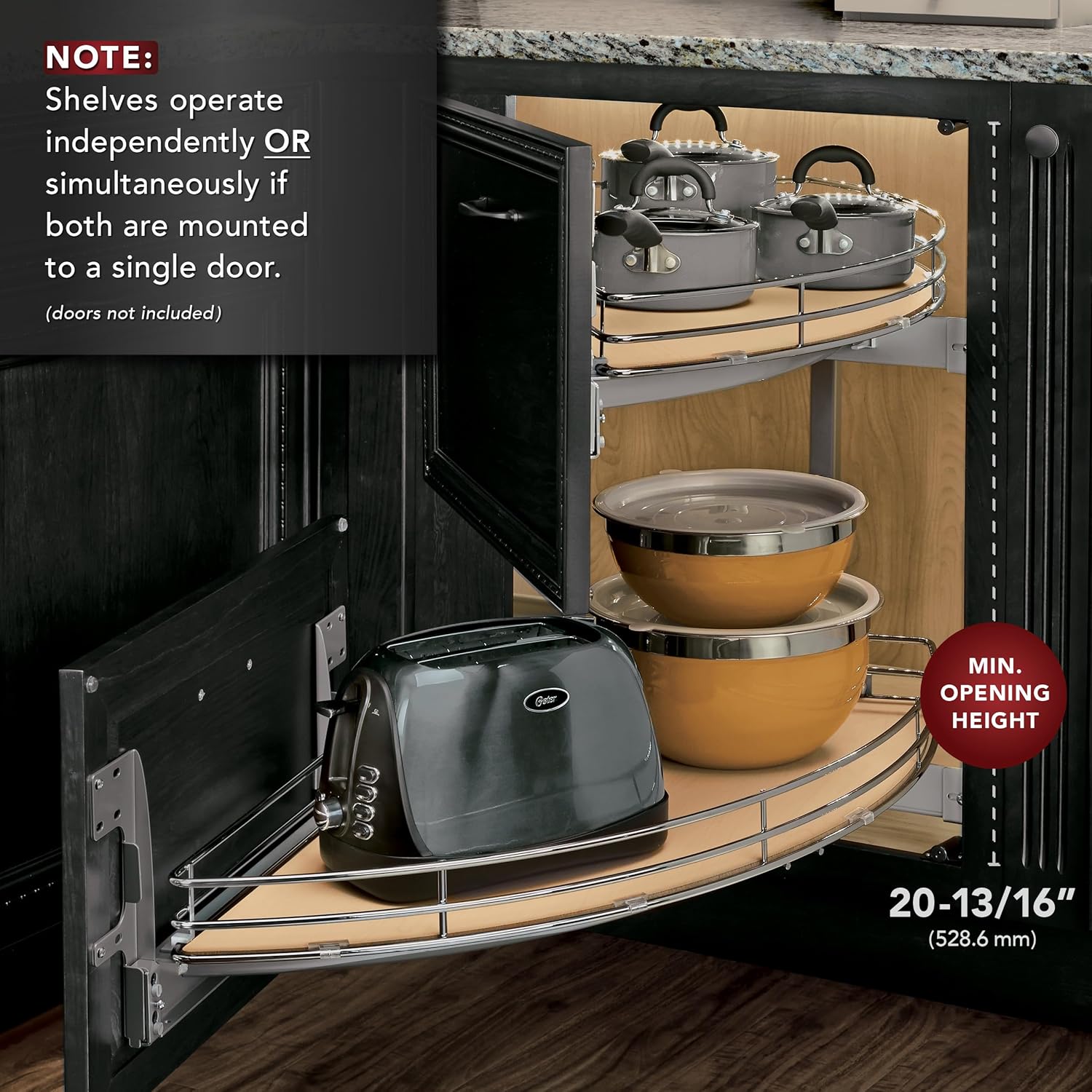 REV-A-Shelf Maple Two-Tier Solid Bottom Curve Optimizer for 18" Right Opening/Blind Left Corner Cabinets