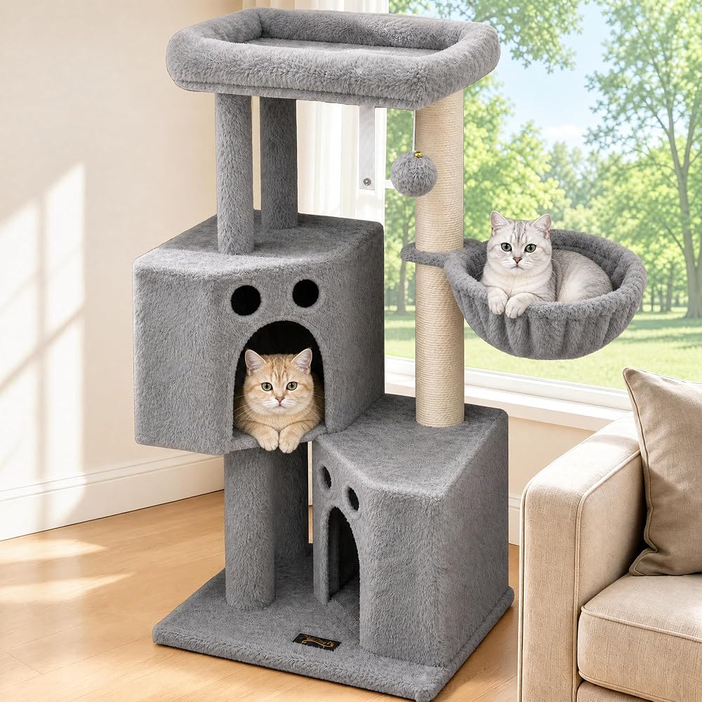 Small Cat Tree Tower for Indoor Cats, 40 in Multi-Level Cat Scratching Post | Multi-Cat Kitty Tree with 2 Condos, Window Perch, Hammock, Sisal Posts & Play Areas for Kittens Small Cats in Compact Homes