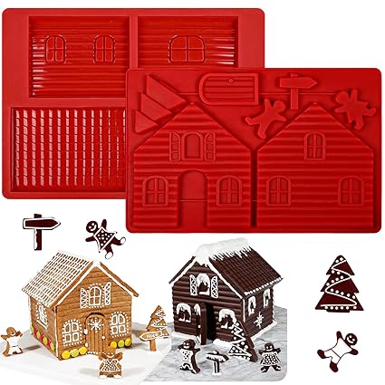 Webake Gingerbread House Mold Tray, Christmas Baking Silicone Molds for Cookie, Chocolate, Candy, Fondant, Gingerbread House Kit for Holiday (Pack of 2)