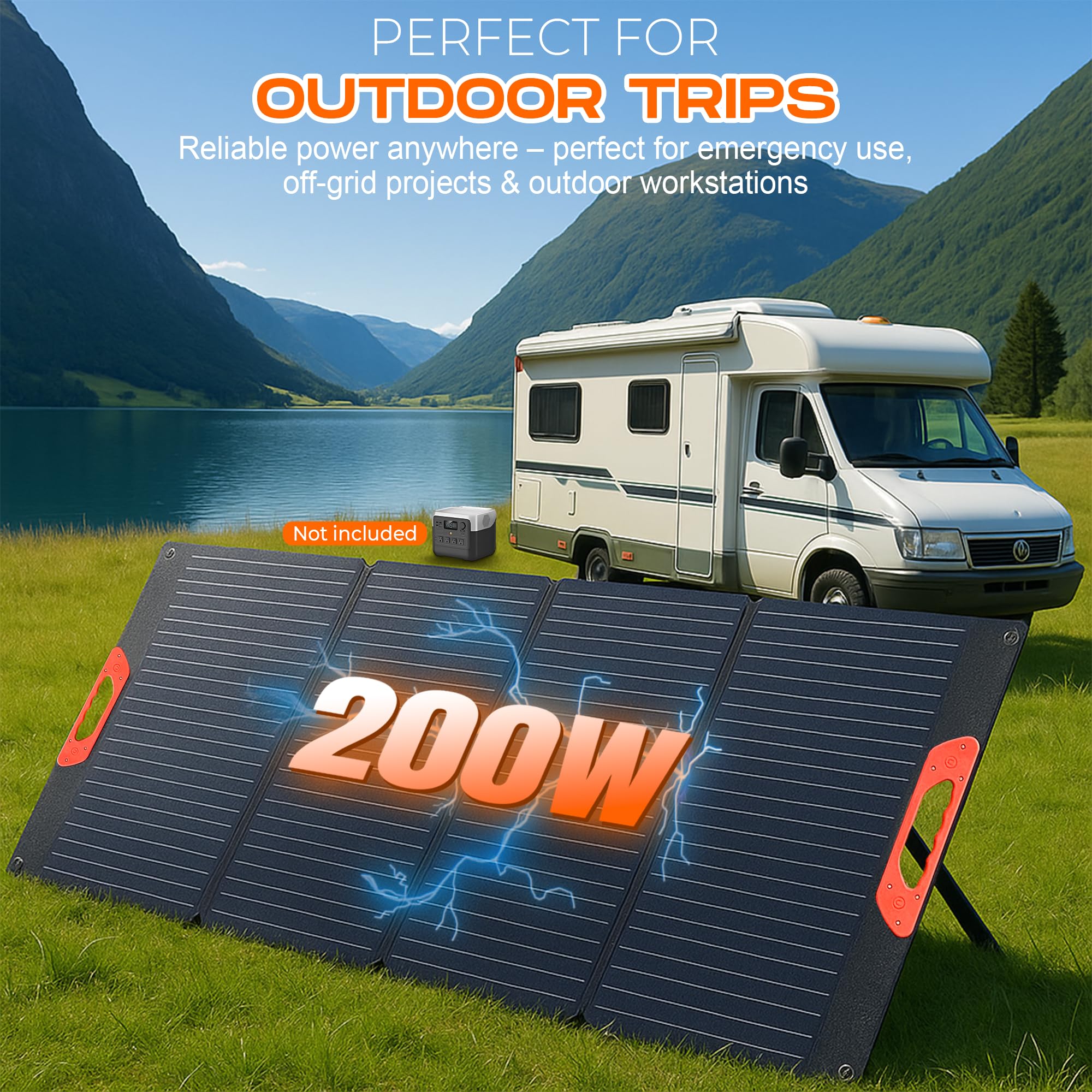 Panneau solaire portable 200 W - Chargeur solaire pliable avec kit multi-connecteurs et sorties USB - Panneaux solaires étanches