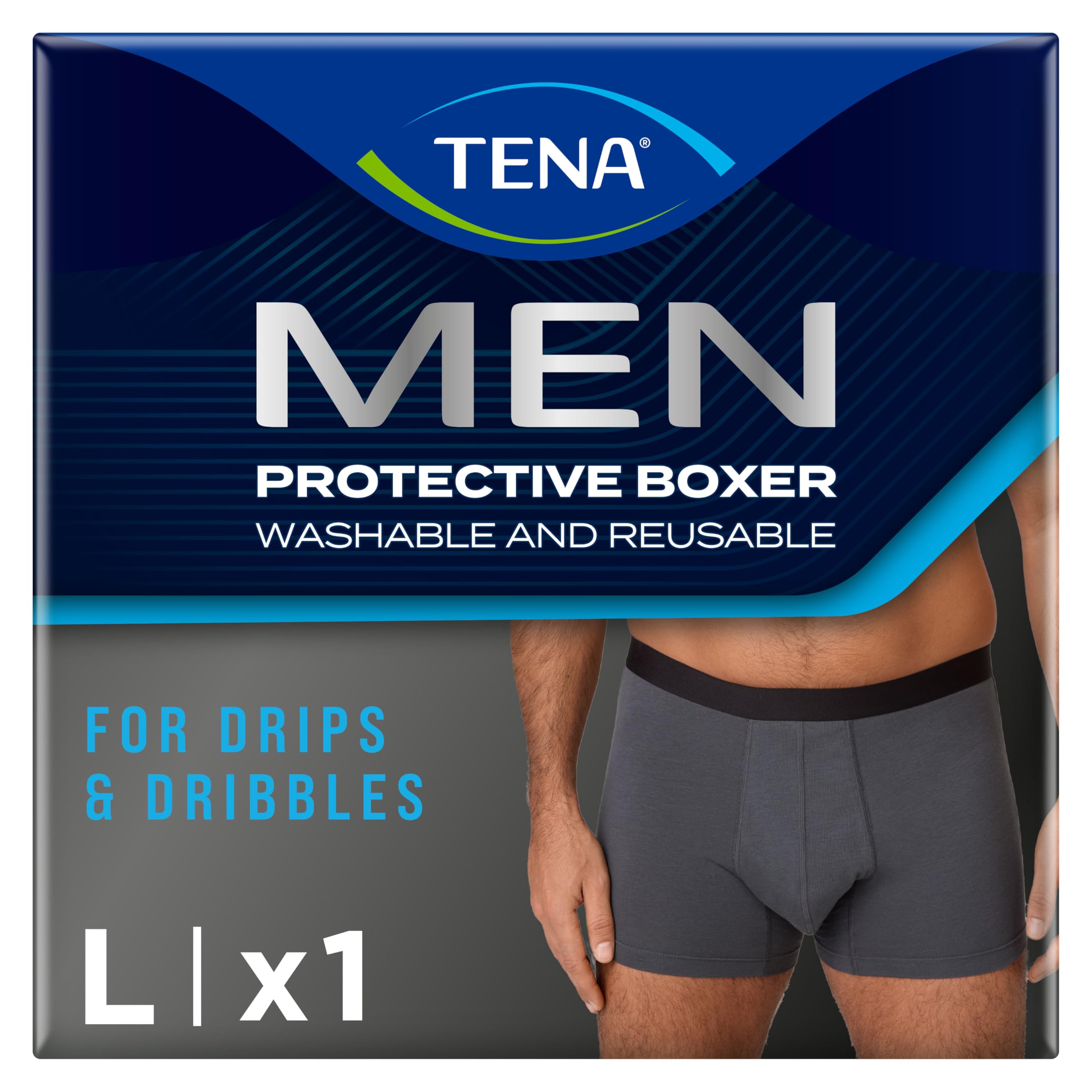 Tena Men Protective Boxers, Discreet Fit Washable Incontinence Pants that Protect from Light Leaks to keep you feeling Dry, Comfortable and Confident. Pack of 1 Grey Size L | Light urinary leakage - Fast absorption - Invisible absorption zo
