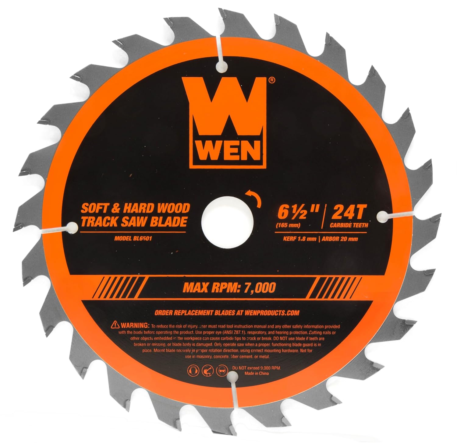 WEN BL6556 6.5-Inch 56-Tooth Carbide-Tipped Thin-Kerf Professional ATAFR Track Saw Blade with PTFE Coating