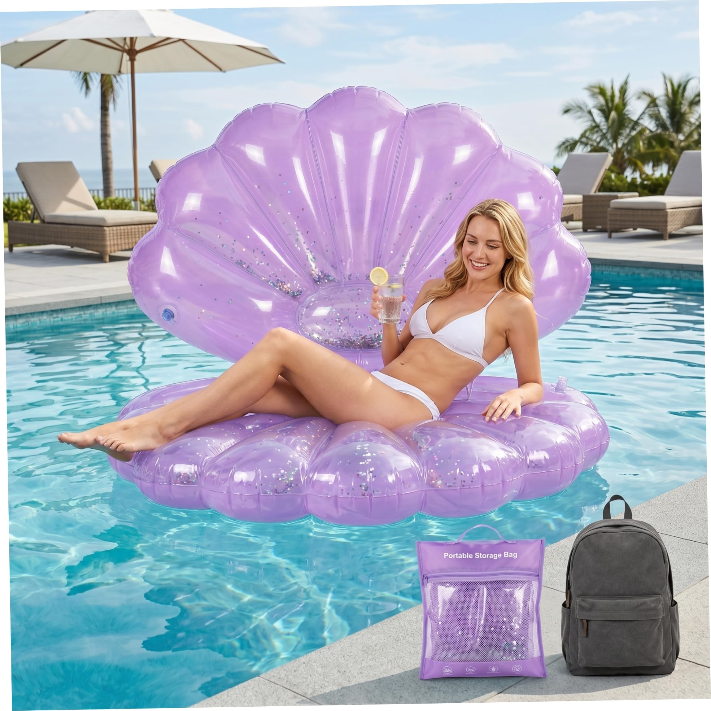 Flotador de Piscina Seashell, flotadores inflables Gigantes de PVC para Adultos, salón cómodo y Grueso para diversión en el Patio de la Playa de Verano, Morado |.Flotador de Piscina Gigante
