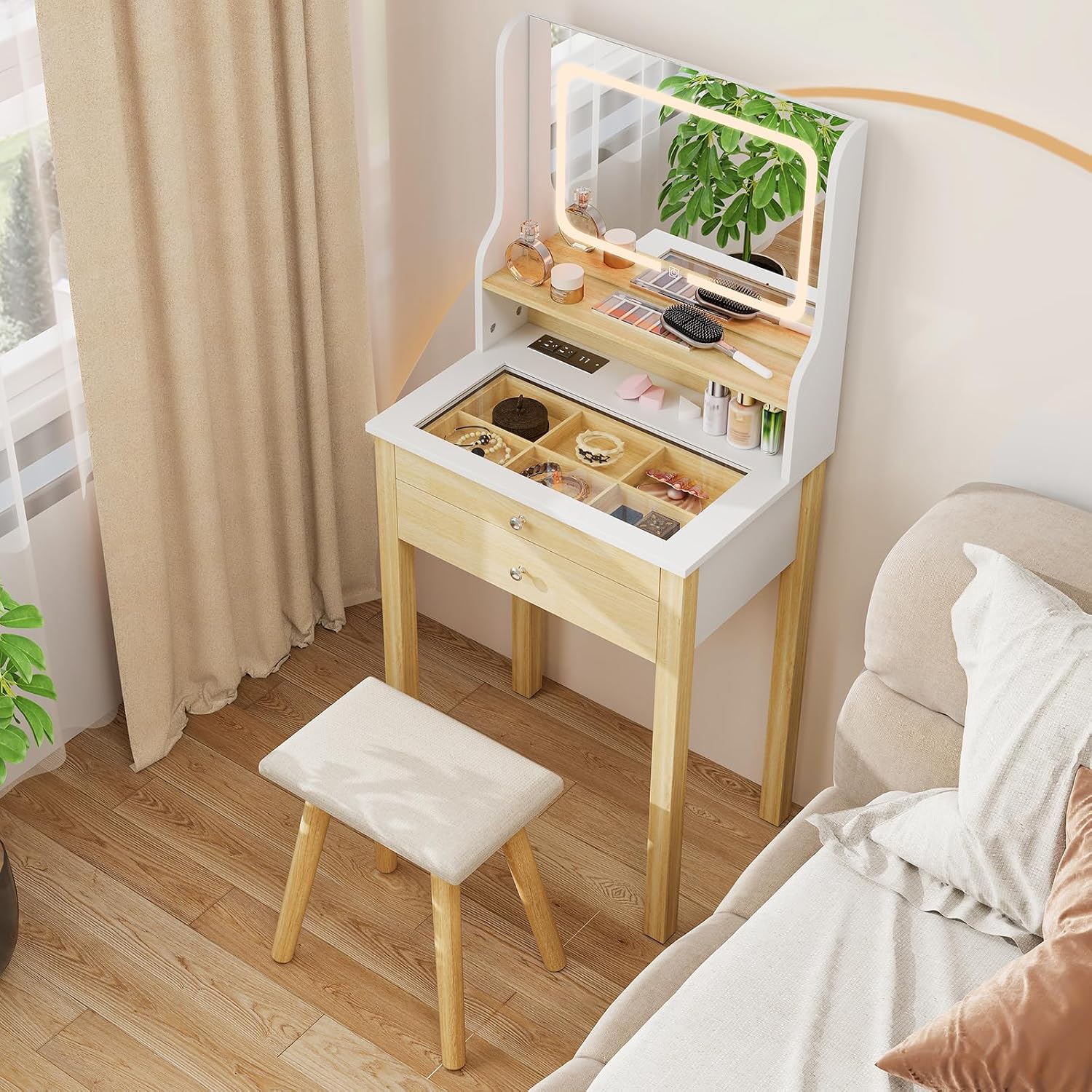LOKO Small Vanity Desk with Light & Mirror, Makeup Table with 3 Light Modes, Power Outlets & Glass Tabletop, Dressing Table and Cushion Stool with Drawers, Open Shelf for Small Space Bedroom, White