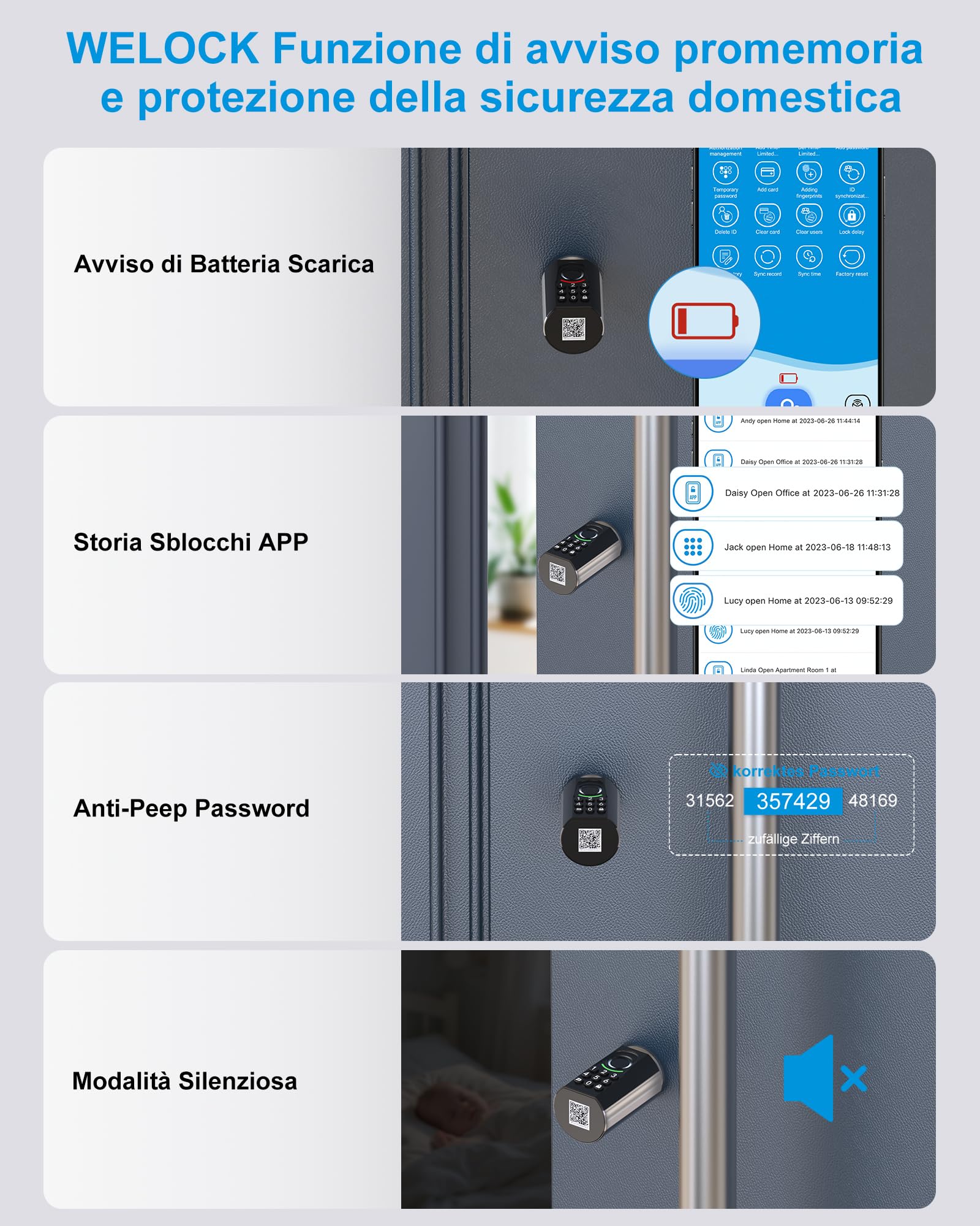 WELOCK ToucA71 Serratura Smart Porta Blindata,Serratura Impronta Digitale con Password,Carta RFID,APP e WiFi,serratura porta blindata Facile Installazione,Cilindro per porte da 60-90mm,Smart Lock IP65