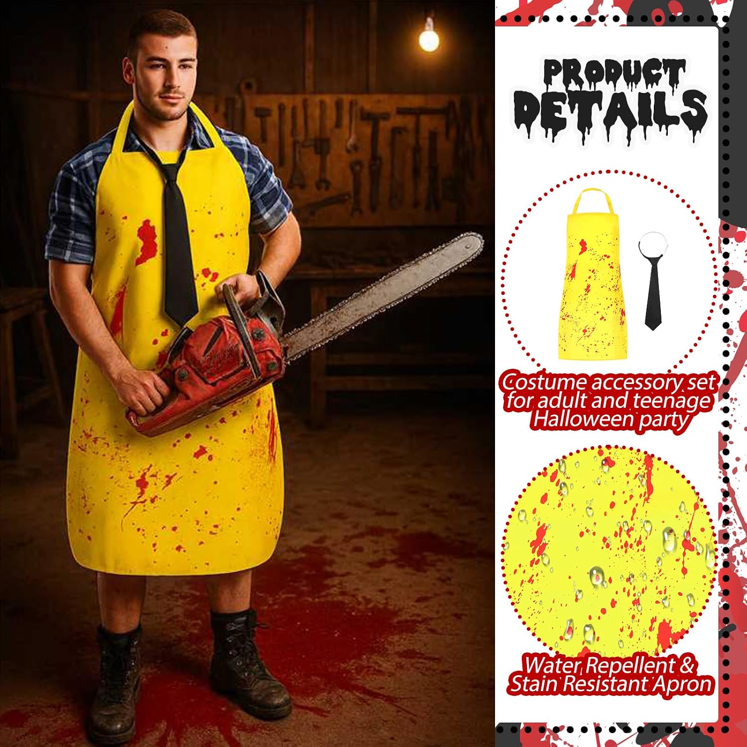 Chicingyou 2 Pcs Halloween Costume Set, Bloody Apron and Tie Set for Adults