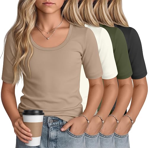 LessonZoo 4 Pack Girls' Short Sleeve T Shirts Kids Summer Scoop Neck Tops Slim F