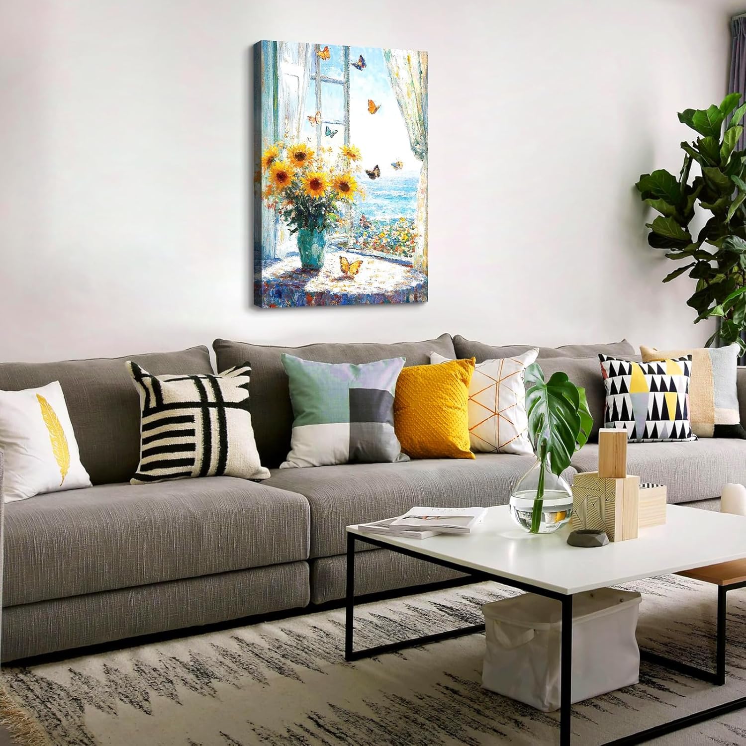 CanvasGarden Floral Canvas Wall Art, Sunflower and Butterfly Impressionist Pastoral Poster Window Scenery Picture Ocean Wall Decor, Framed Prints for Living Room Bedroom Decor, 12x16Inch