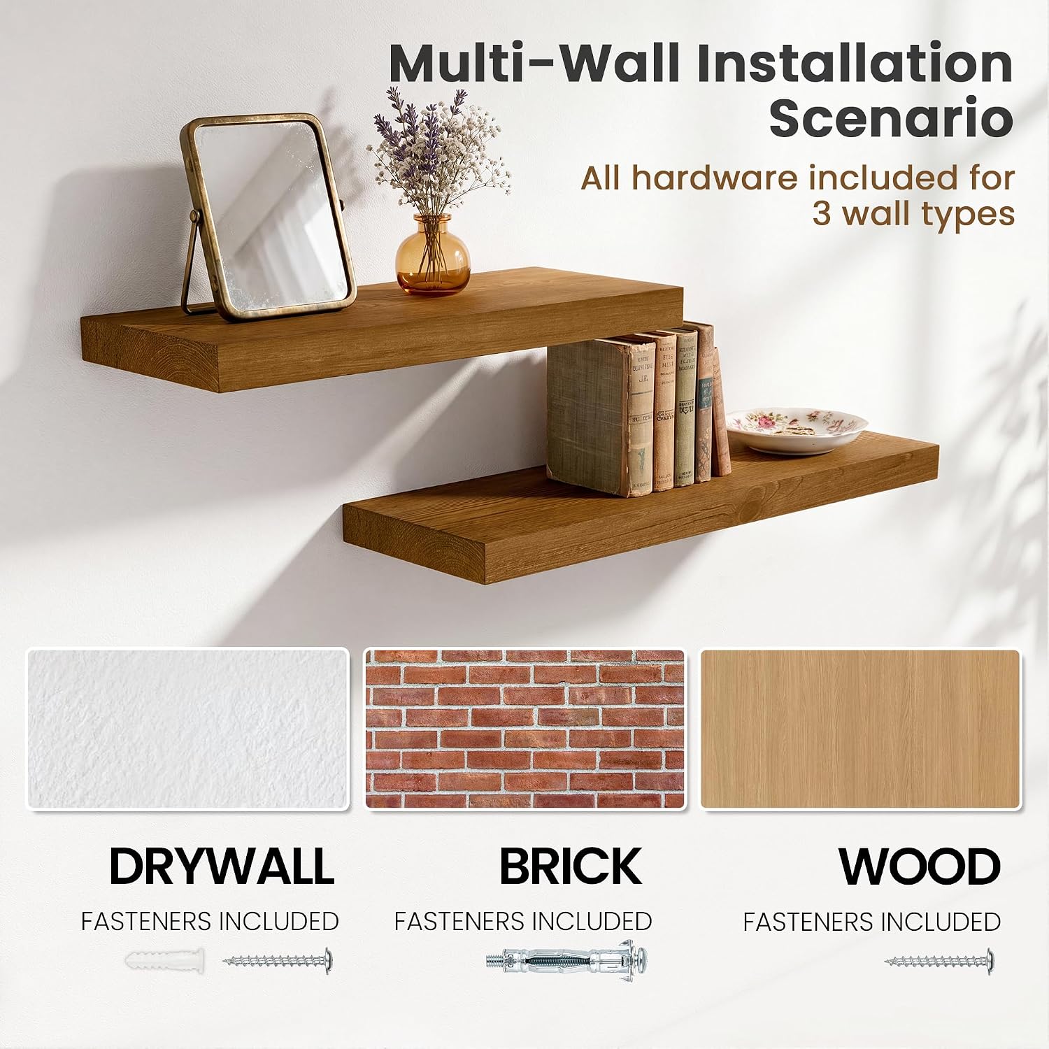 Acovy Floating Shelves for Wall Decor Set of 2,20 Inch Rustic Solid Pine Wood Wall Floating Shelf with Invisible Brackets,Floating Wood Shelves for Living Room,Bathroom,Bedroom,Kitchen,Walnut