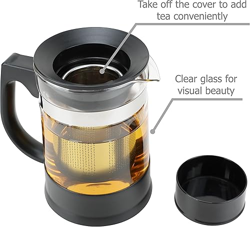 Miniatura 4 de EIKS Tetera de vidrio con infusor extraíble y base de resistencia al calor para hacer y servir té floreciente, té de hojas sueltas. Capacidad de