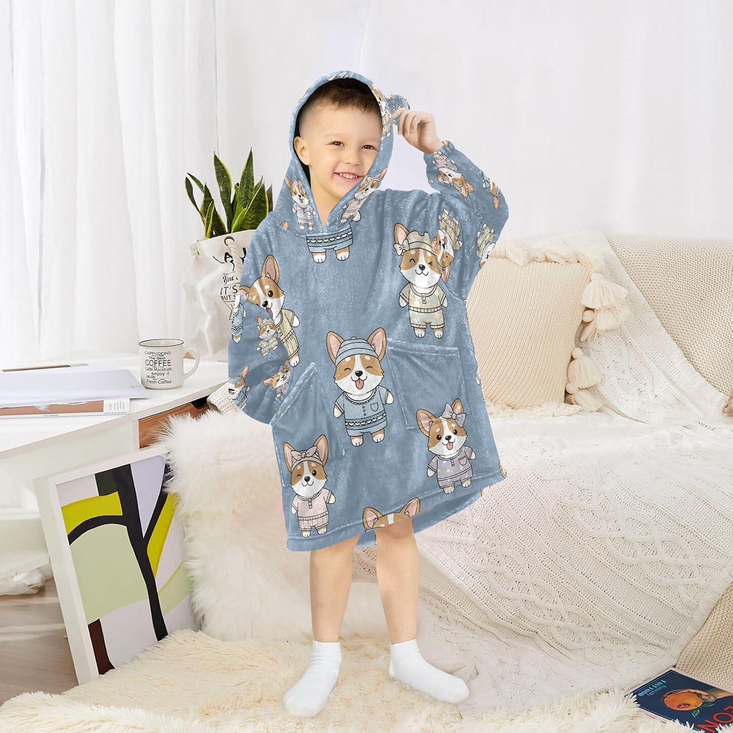 Kigai Cute Dogs Wearable Blanket Hoodie for Kids Oversized Hooded Blanket Warm & Cozy Sweatshirt with Pockets