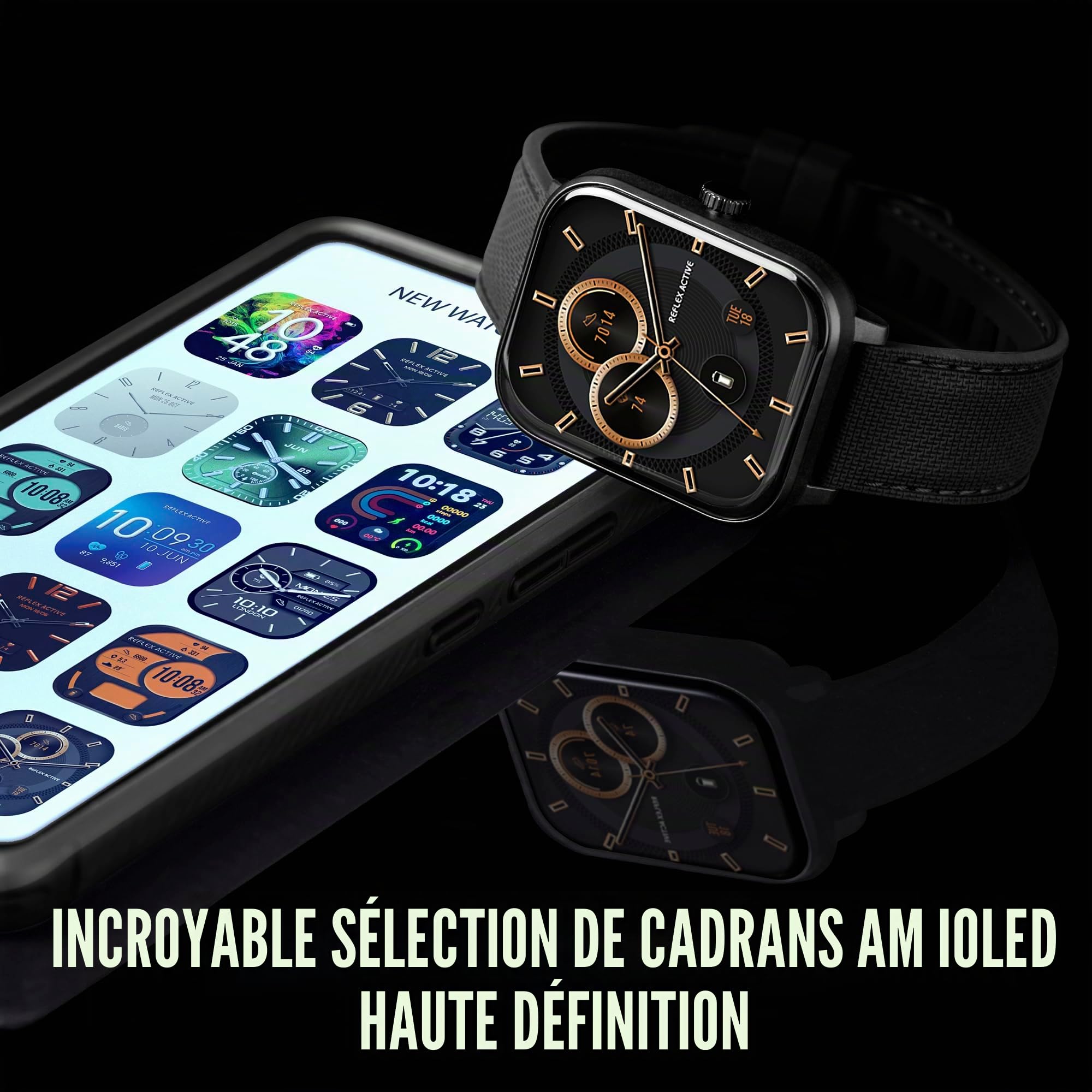 Reflex Active Amoled Series 44 Montre intelligente pour homme et femme avec GPS intégré, étanchéité IP68, modes sportifs, compteur de pas, moniteur de sommeil, double affichage de l'heure et bracelet