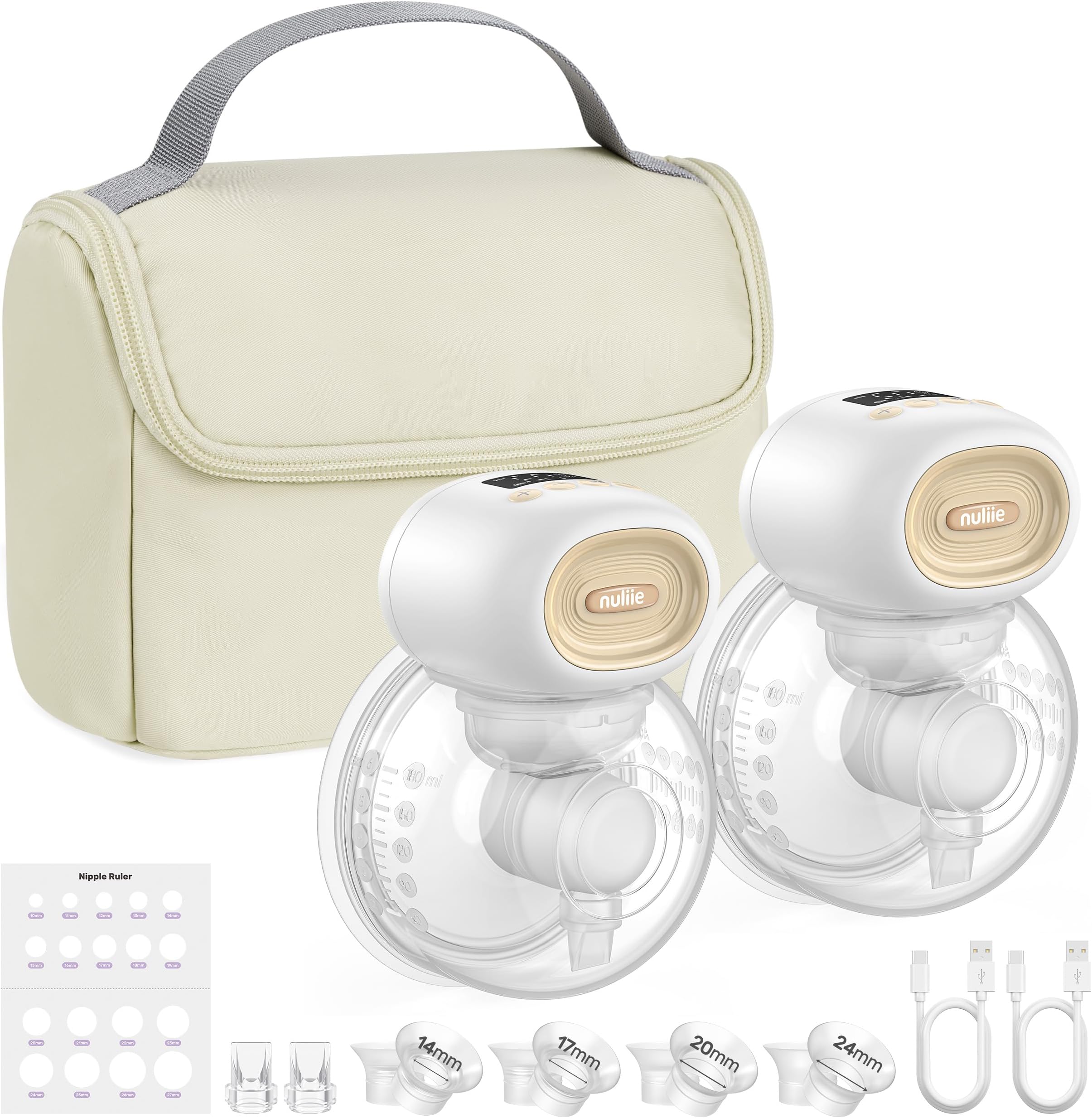 Wearable Breast Pump Electrical with Storage Bag, LED Display, 4 Modes and 12 Suction Levels, Portable Hands Free Breast Pump with 14/17/20/24/27mm Flange (2 Packs, White)