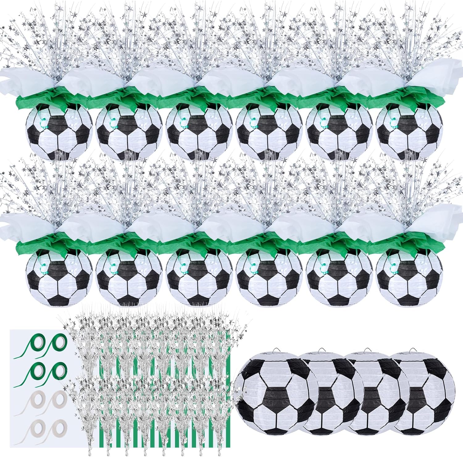 72 Pieces Soccer Paper Lanterns Centerpieces Decorations 8'' Soccer Lanterns Table Centerpieces with Metallic Foil Centerpiece Wrapping Paper and Ribbons for Soccer Birthday Party (72 PCS, Soccer)