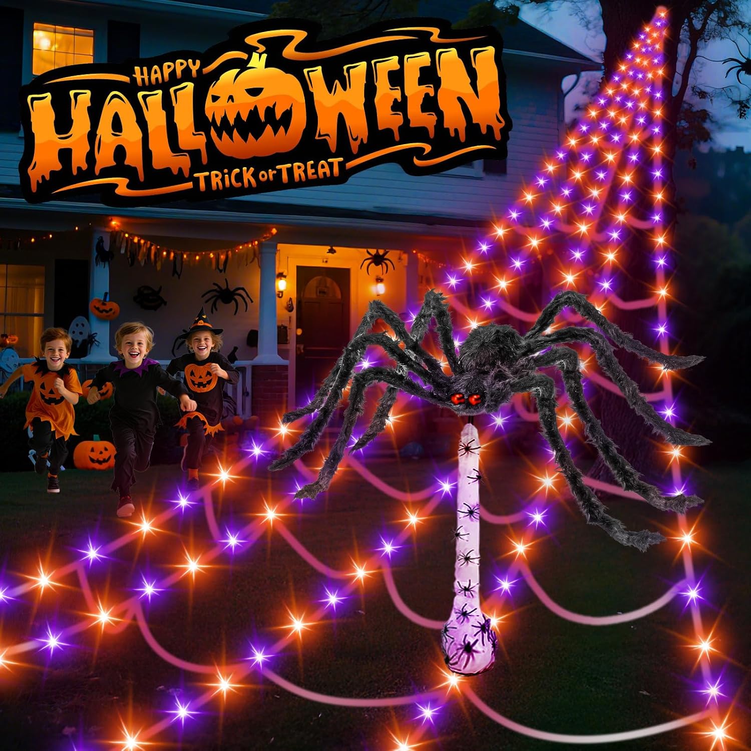 Prelit 16.4 * 15.7 Ft Huge Halloween Spider Web Decorations 135 LED Purple Orange Net Lights Timer with 50" Spider & 20" Spider Egg Waterproof Battery Operated Halloween Decor Outdoor Indoor Yard