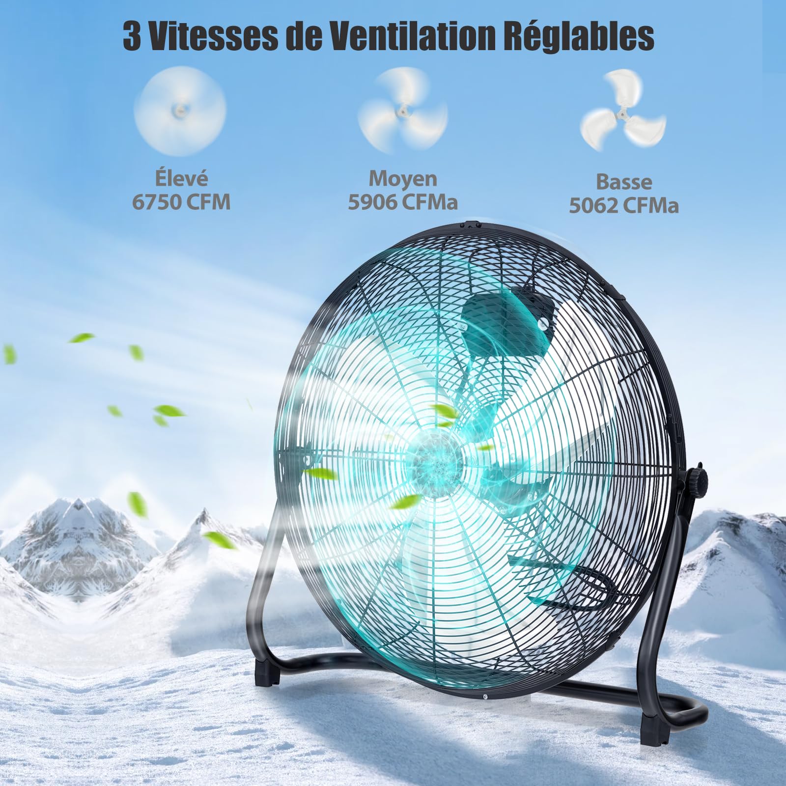 SOARS Ventilateur de Sol 151,5W, 62 X 20 X 59 CM, avec 3 Niveaux de Puissance, Angle d'Inclinaison 145°, Ventilateur en Métal avec Poignée, Haut Débit d'Air, Noir