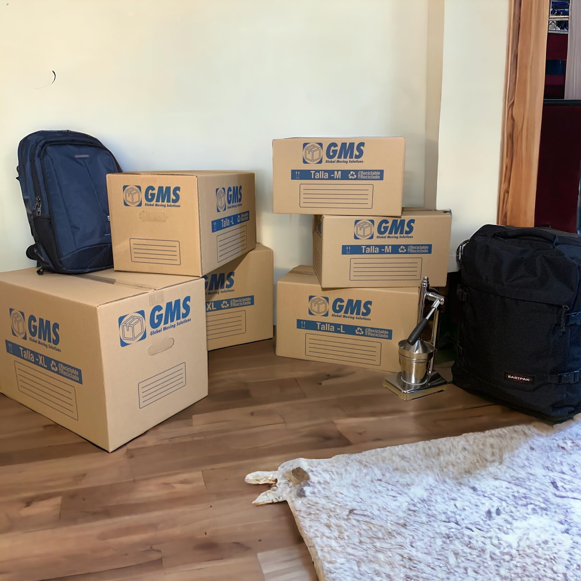 GMS - 20 Cajas Cartón Mudanza 50x30x30cm Talla L de 45L + Burbuja + Precinto Para Mudanzas y Almacenaje con Asas y Con Burbuja. Cartón Alta Resistencia (20Cajas 50x30x30cm + Burbuja+Precinto)