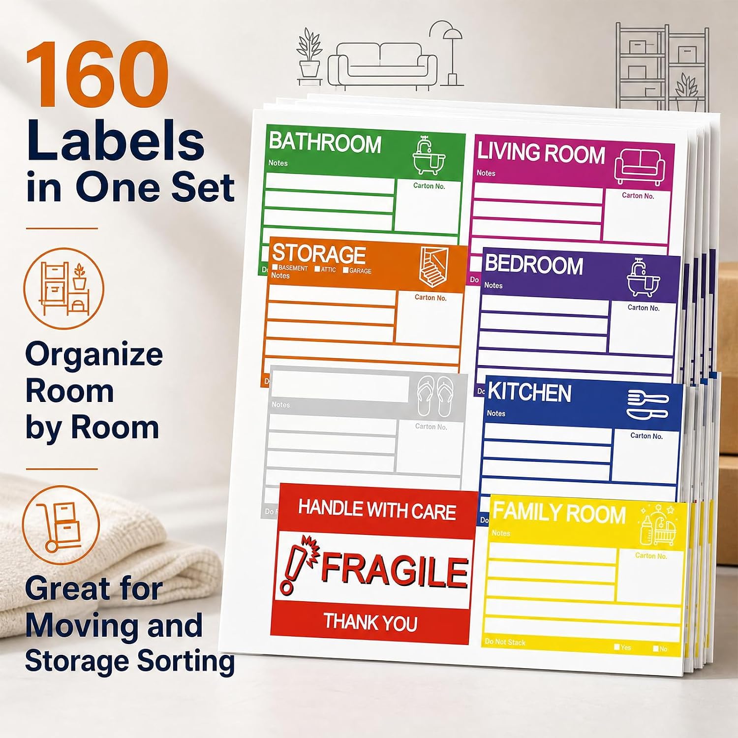 6 x 4 Inch Moving Labels, 160 Pcs Moving Stickers for Large Boxes, 8 Color Coded with Writable Notes Areas, Warning Signs Labels Stickers for Home Organization Moving Supplies Storage Bins image 4