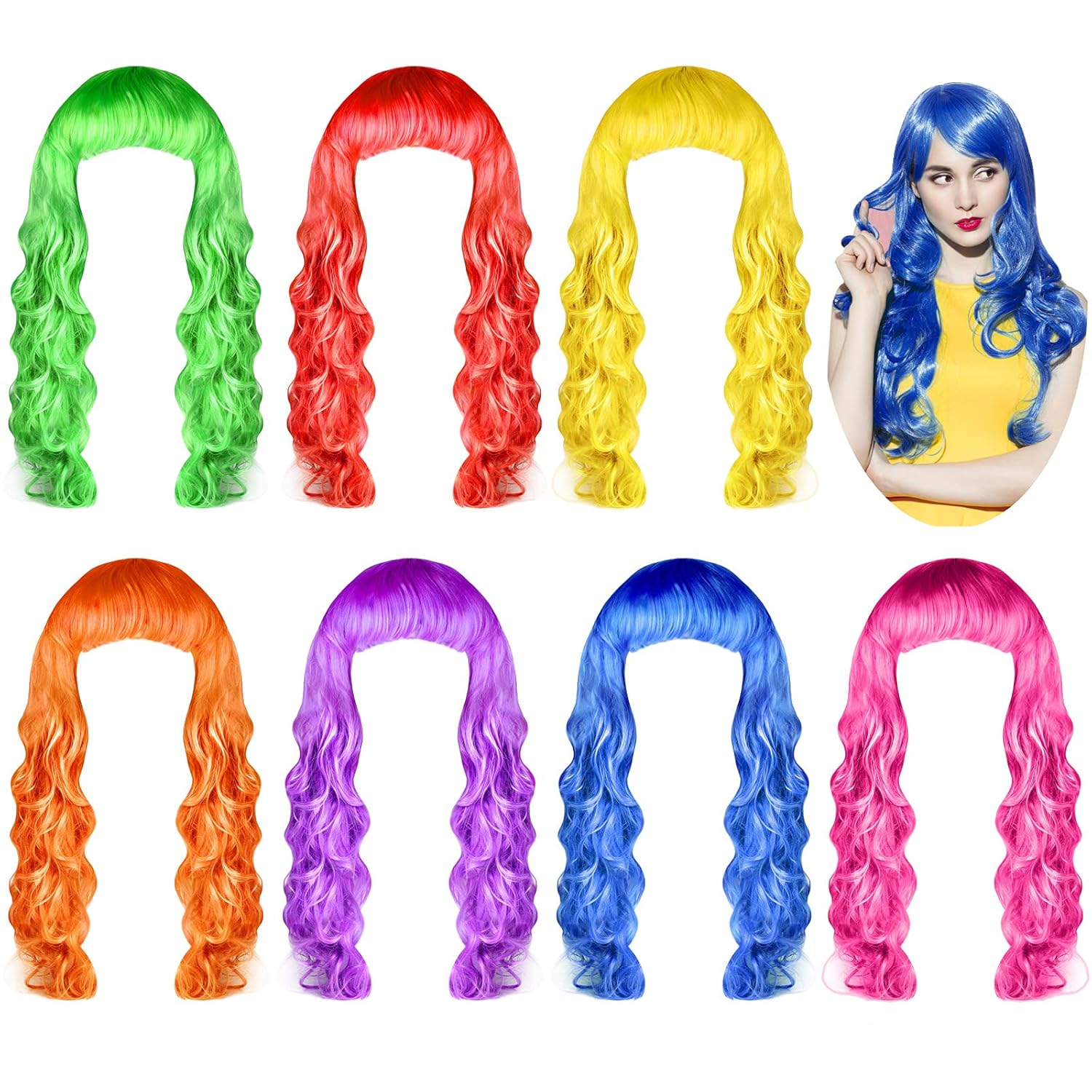 KUUQA 7 Pieces Colorful Long Curly Wigs, Long Colorful Hair Wig Wavy Hair Wigs Curly Cosplay Costume Wig for Women Party Décor