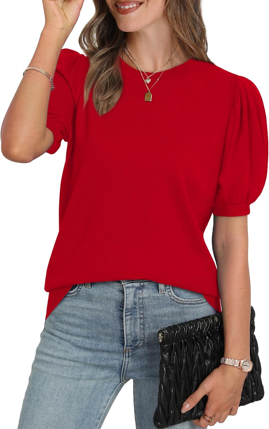 WIHOLL Women's Puff Short Sleeve Sweater 2026 Spring Summer Tops Trendy Business Causal Outfits Work Blouses Clothes - Image 3