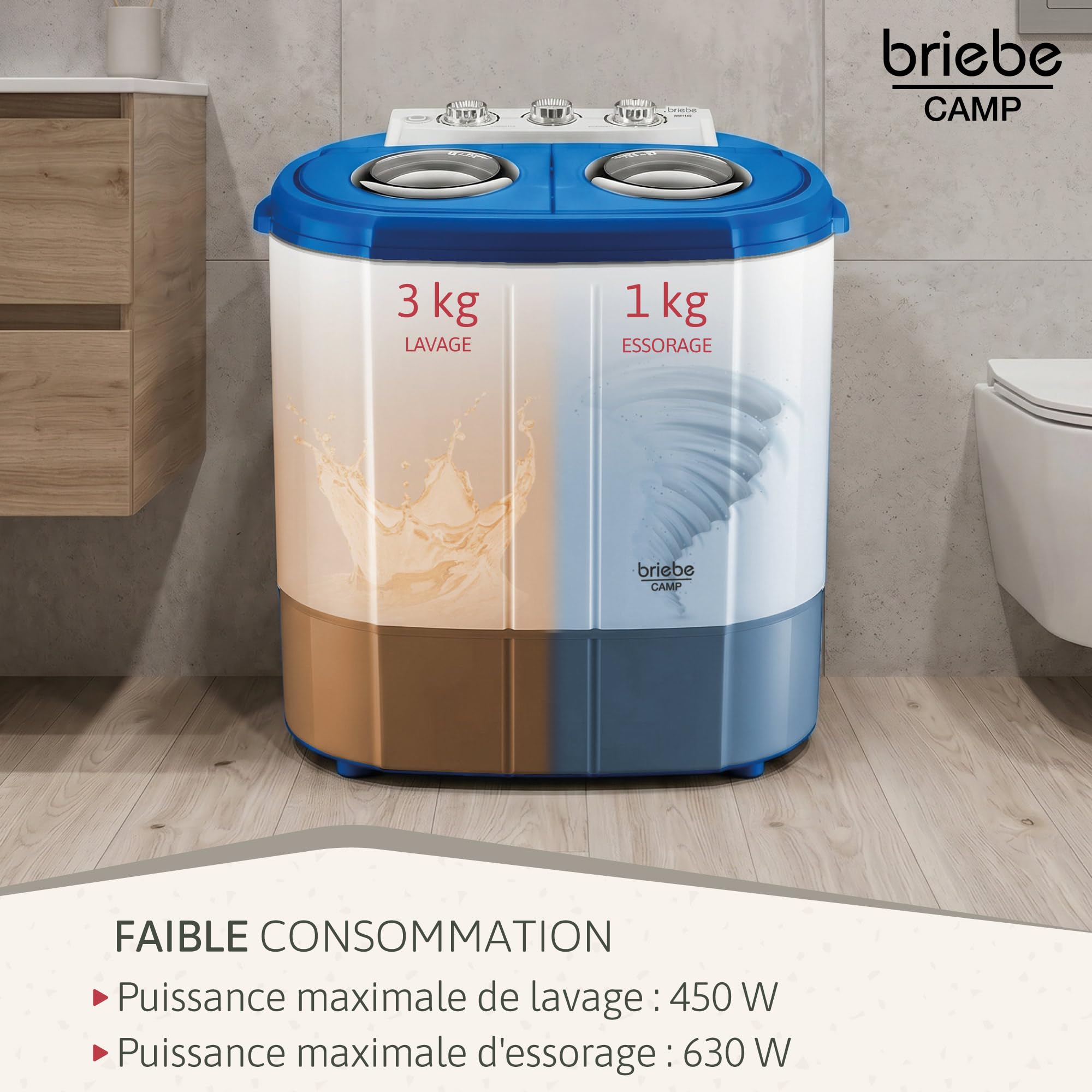 briebe Camp Mini Machine à Laver Portable 3 kg Essorage Camping Caravanes Bleu/Blanc