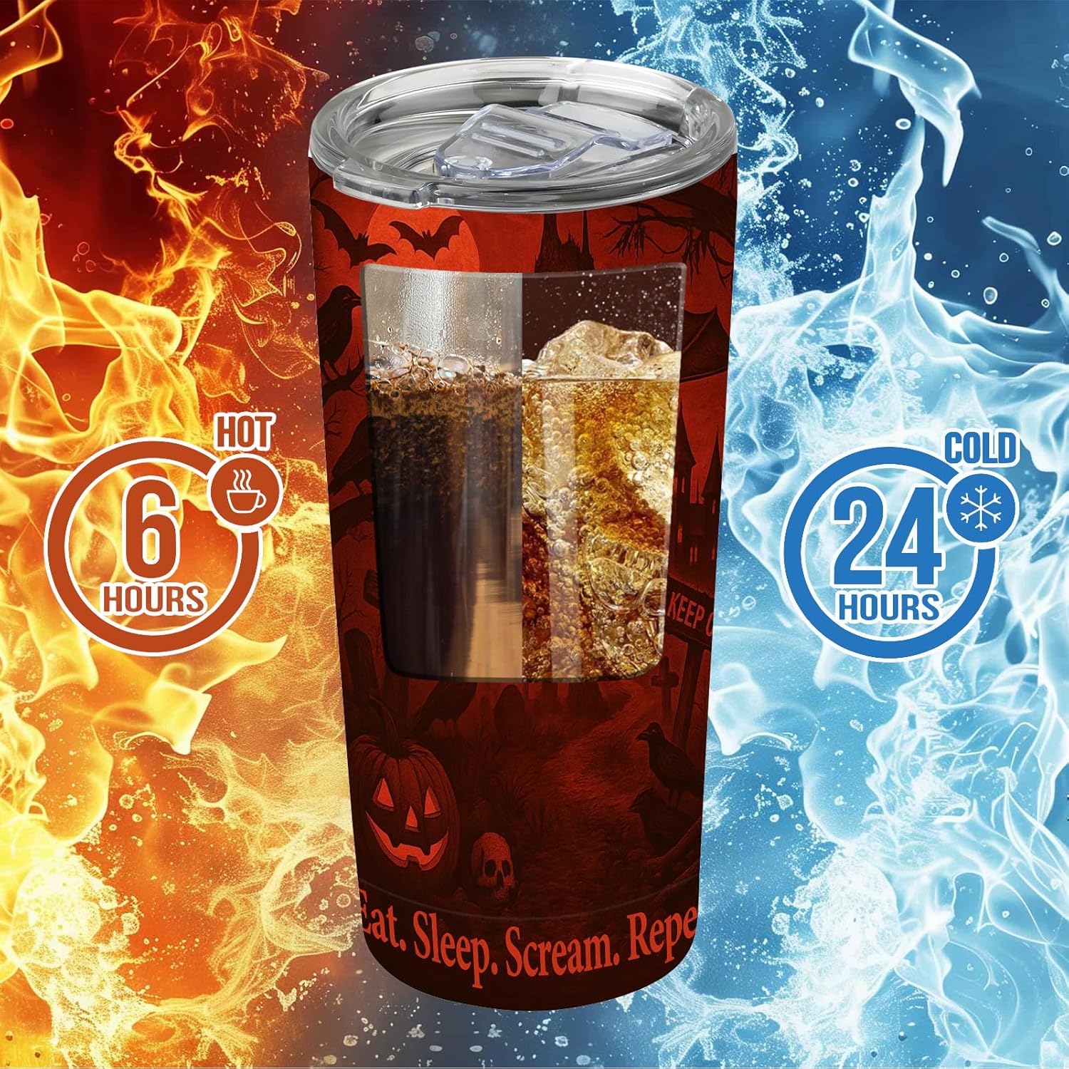 Halloween 20 Oz Tumbler With Straw Lid, Stainless Steel Insulated Travel Mug, Spooky Bats Haunted House Gothic Art, Pumpkin Skull, Car Cup Holder Friendly - Image 5
