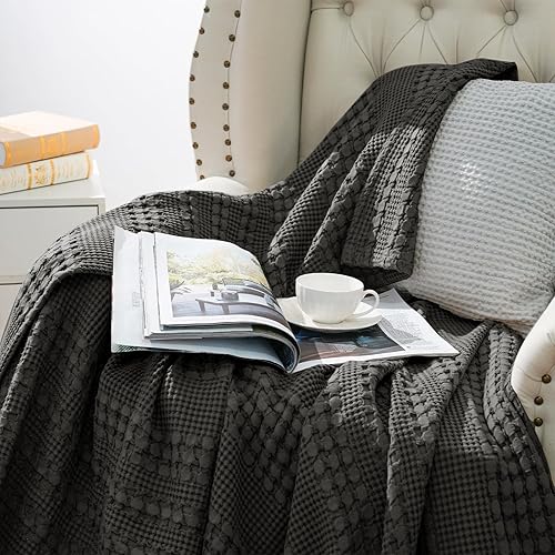 Miniatura 4 de PHF Manta de algodón 100 % algodón tejido de gofre, tamaño Queen, manta ligera de algodón lavado para primavera y verano, 90 x 90 pulgadas, manta