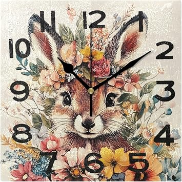 Moderate 8 Inch Square Wall Clock, Art Design Bunny in Flowers Non Ticking Battery Operated Analog Quiet Desk Desk Clock,Ideal for Home,Kitchen,Office,School,Library,Study