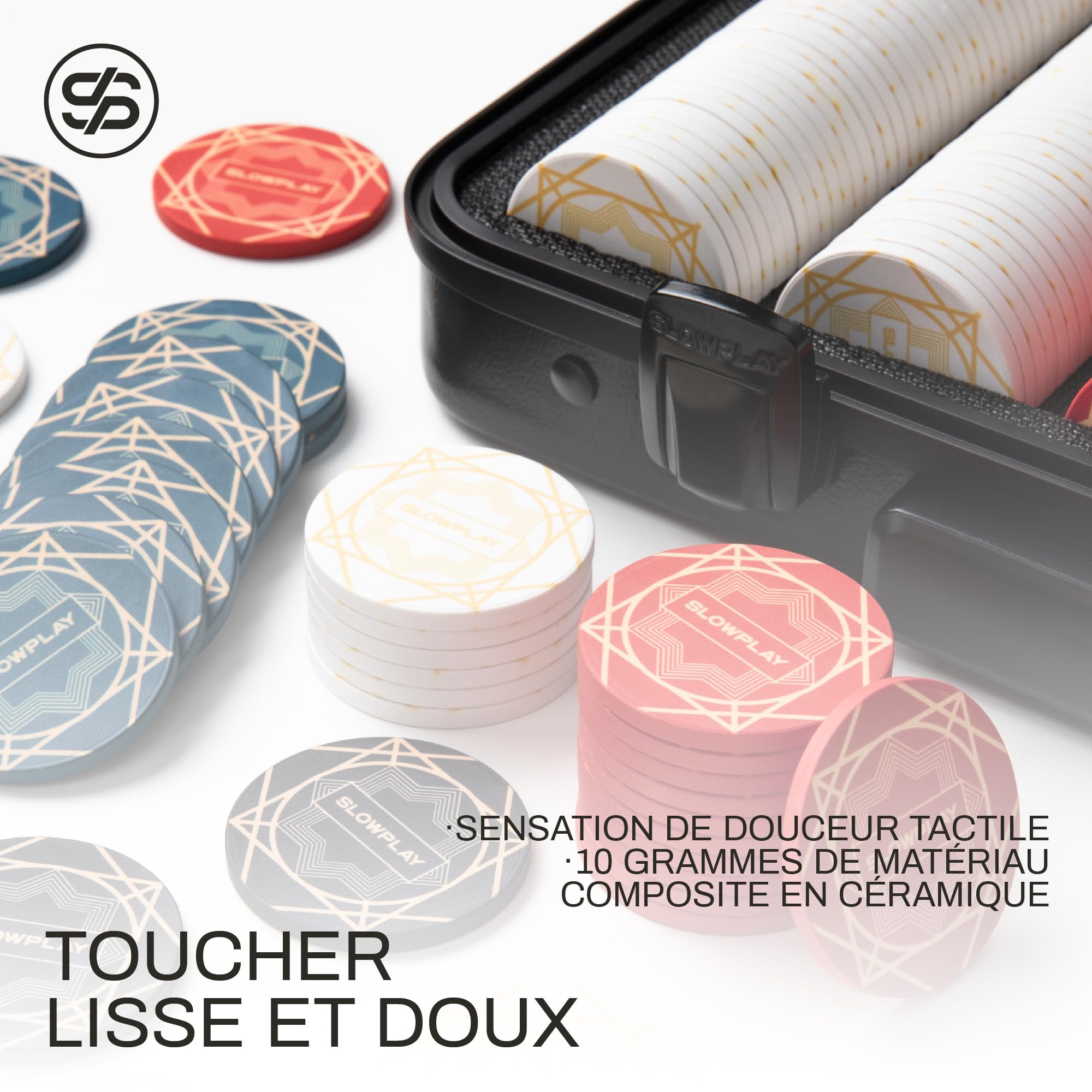 SLOWPLAY Set Poker céramique Nash, jetons 10 g/39 mm, Texas Hold’em | 500 pièces numérotées; mallette premium PC; jetons composite céramique; Art déco