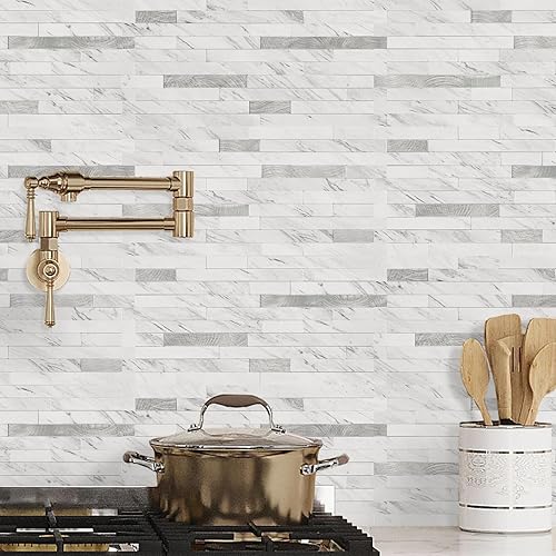 Vista 66 de STICKGOO 20 hojas de azulejos autoadhesivos para salpicaduras para cocina y baño, aspecto de arenisca blanca, PVC, mezcla de metal dorado, azulejos