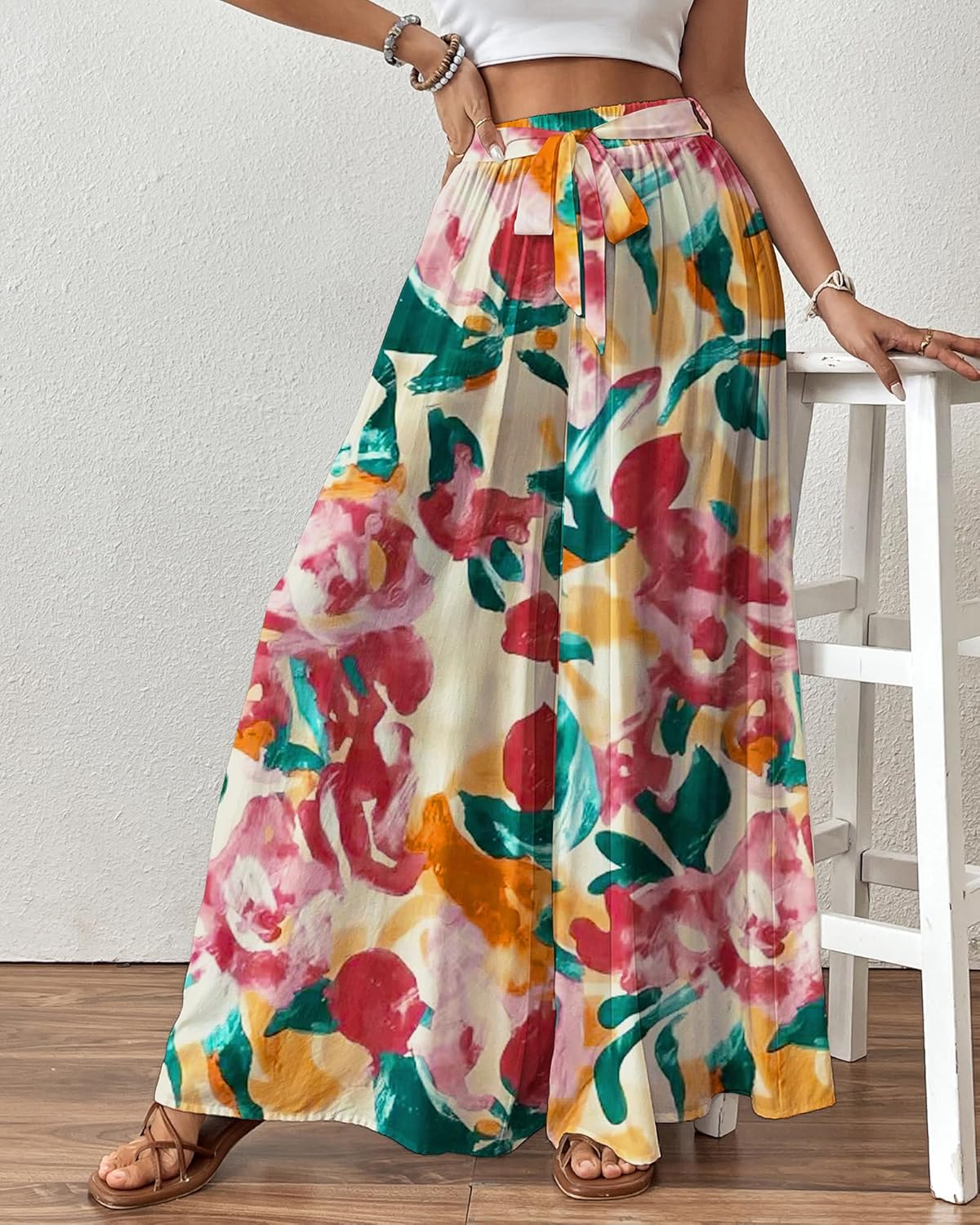 Bsubseach Wide Leg Pants Woman Flowy Floral Palazzo Pants for Women High Waisted Summer Casual Trousers Cruise Outfits - Image 6