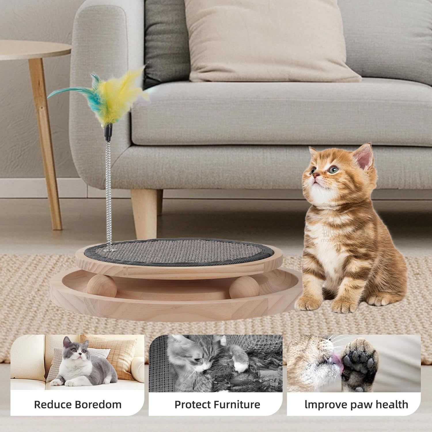Natural Sisal Round Cat Scratcher，Interactive Cat Ball Track Toy for Indoor Cats，Cat Scratching Pads，Kitten Toys for Chasing Hunting Mental Physical Exercise Puzzle