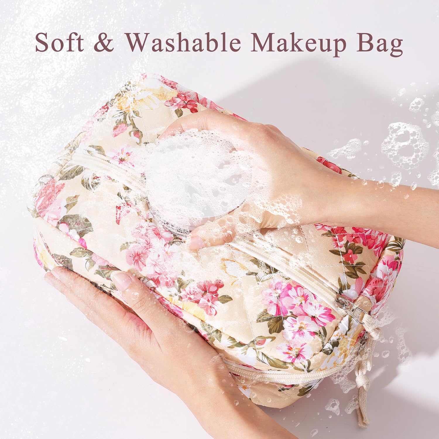 Anfly Makeup Bag, Quilted Cosmetic Bags, Large Floral Make Up Bag for Women, Cute Cotton Makeup Bag 3PC Set, Travel Toiletry Bag (Large Flowers) - Image 6