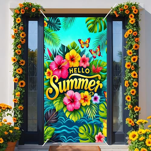 BlissYard Summer Door Cover 35x71 Inch Hibiscus Palm Porch Decor