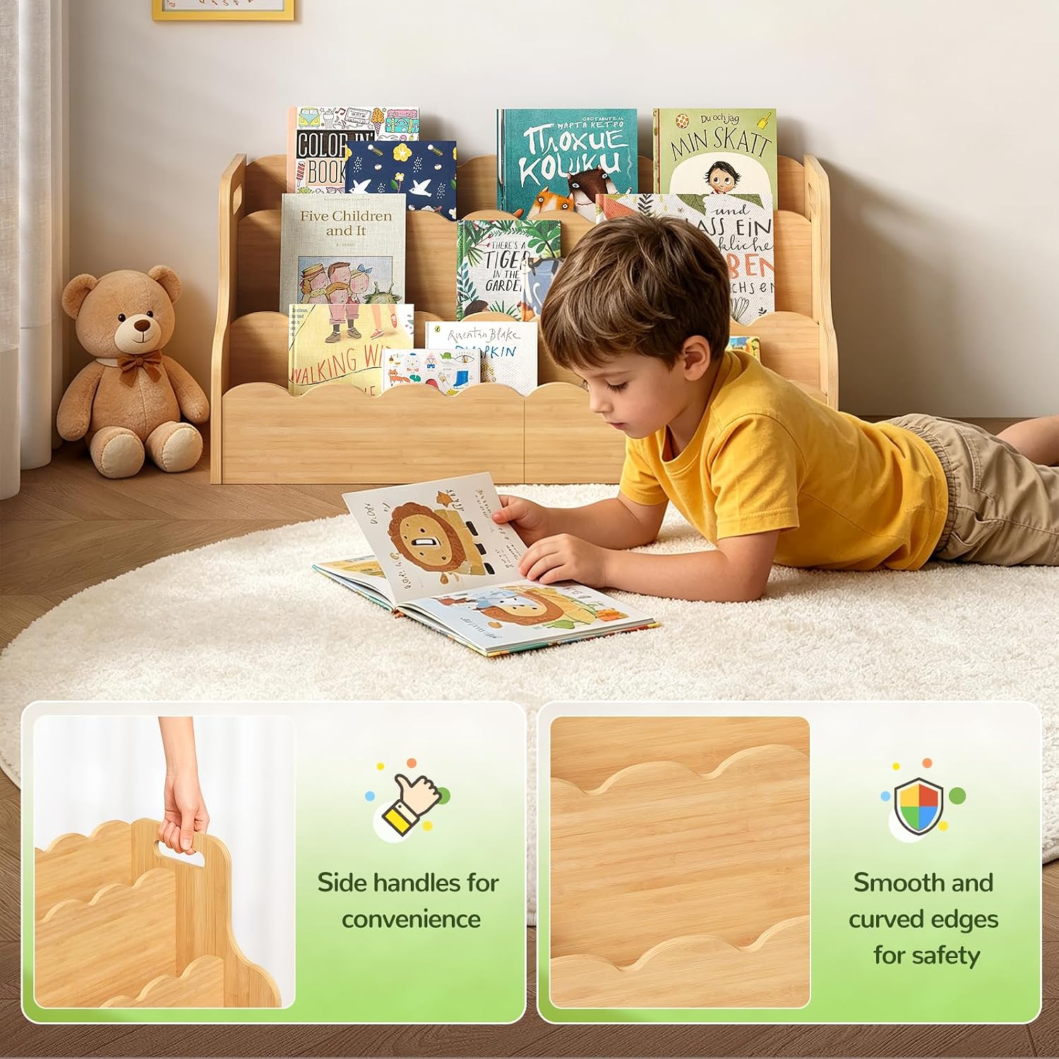 ELYKEN Bamboo Kids Bookshelf, Montessori Toddler Bookcase Organizer with Handles for Nursery, Playroom, Bedroom, 3-Tier Natural Children’s Book Shelf