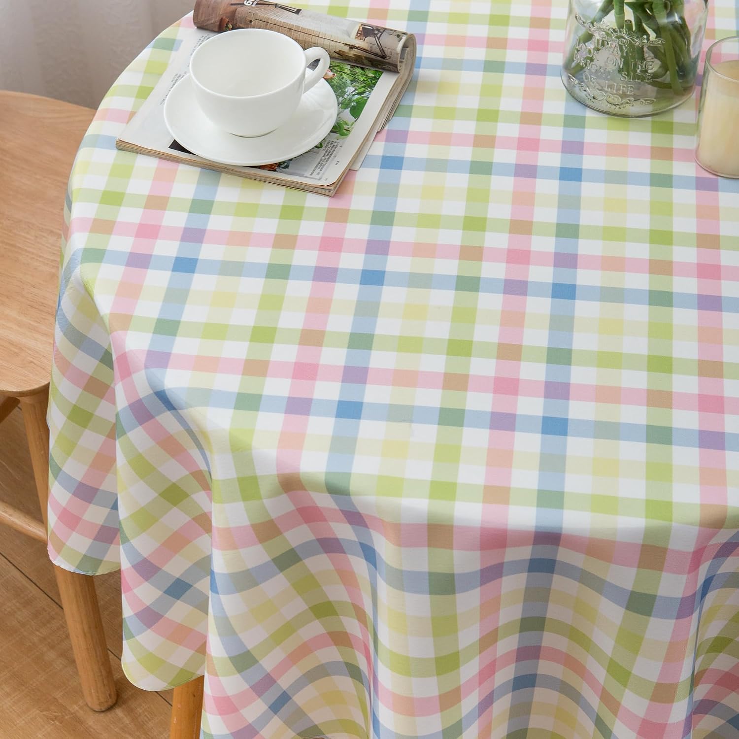 Easter 60 Inch Round Tablecloth Spring Pink Green Blue White Pastel Buffalo Check Plaid Rustic Table Cloth - Polyester Table Cover Reusable Water Resistant for Summer Holiday Party Picnic Décor image 2