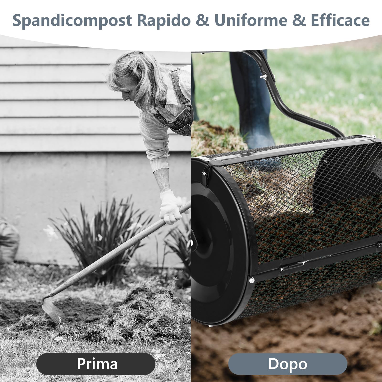 COSTWAY Spandiconcime a Rullo, Rullo da Giardino con Impugnatura Pratica Chiusure Laterali e Rete in Metallo per Concimazione e Semina, Spandiconcime per Prato e Giardino (41 x 60 cm Nero)