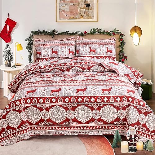 Colchas reversibles de Papá Noel de Navidad, color rojo, verde, tamaño King, diseño de reno, muñeco de nieve, colcha a cuadros, regalo de Año Nuevo,