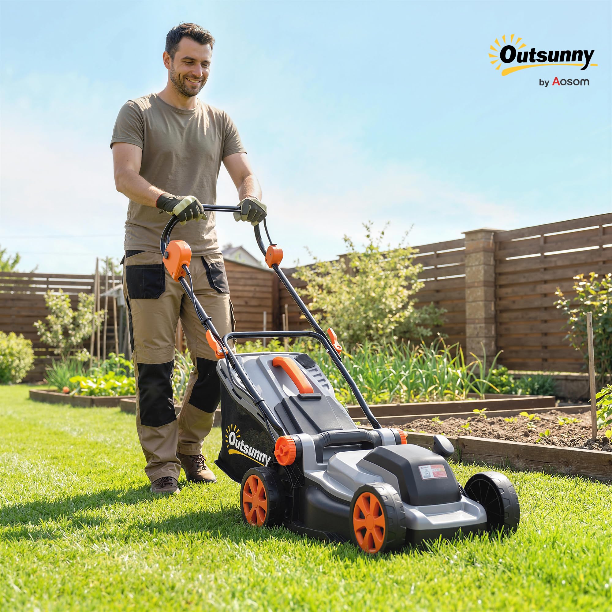 Outsunny Cortacésped a Batería Inalámbrico 18V, 2 Baterías de 4Ah, Ancho de Corte 34 cm hasta 400 m², Función Mulching, Motor sin Escobillas 700 W, Bolsa 35L, 6 Alturas Corte 25-75 mm, Mango Ajustable