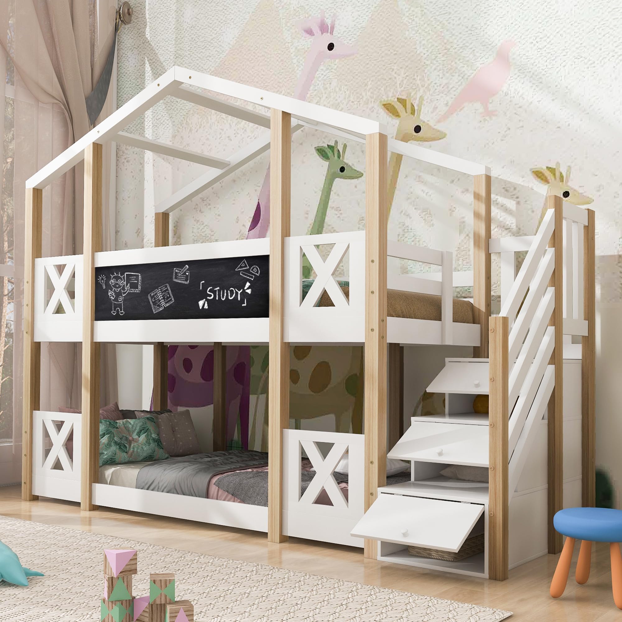 Lit superposé pour Enfants 90 x 200 avec échelle, Lit Cabane Enfant avec Tableau, Lit Cabane Enfant Arbre avec Rangement et Barrières de Sécurité, Blanc et Naturel