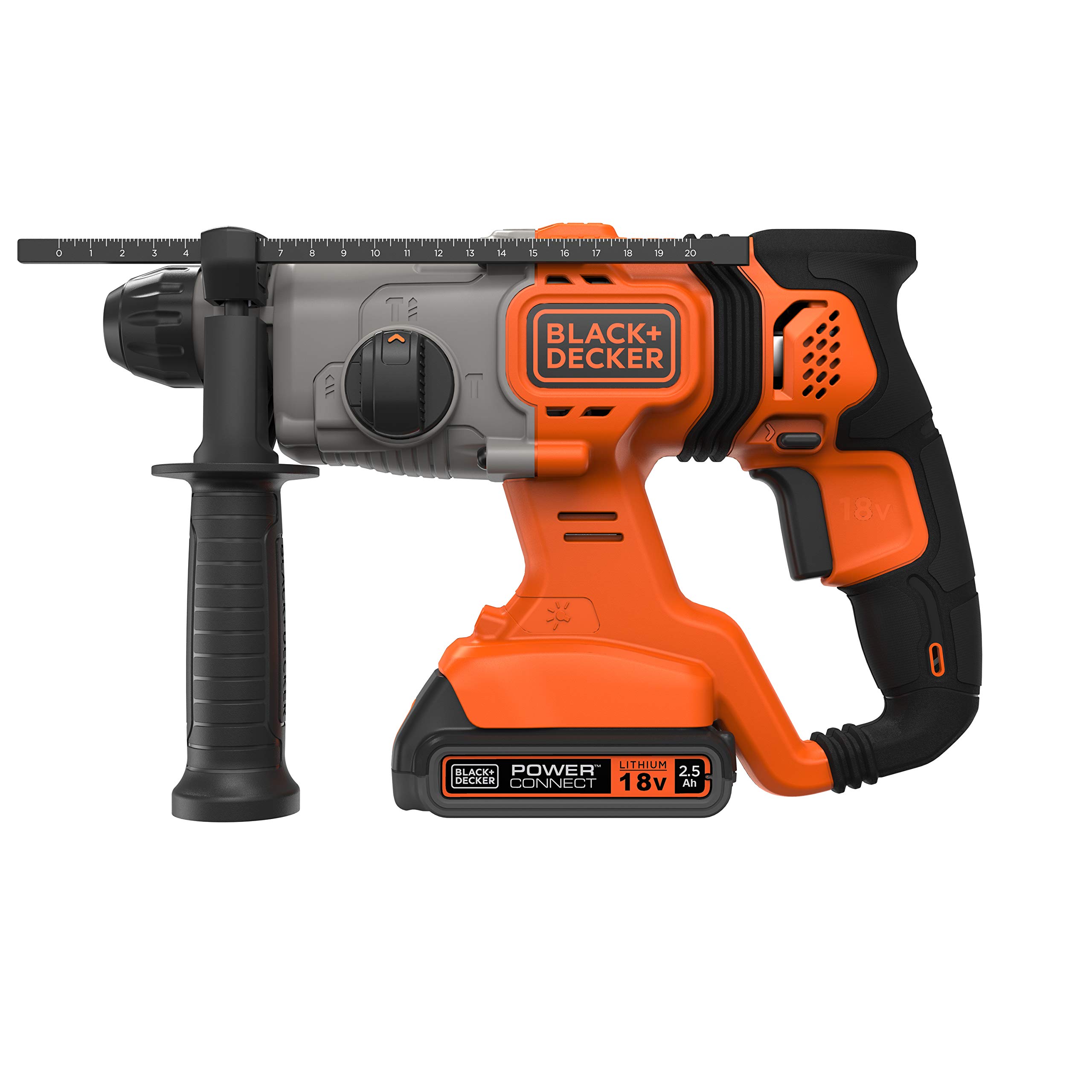 BLACK & DECKER Solidny Młotek sds-Plus 18v 3 modos 1,2j, velocidad 0-1.880 rpm, impactos 0-6.650 ipm. incluye 2 akumulators 2,5ah litio, ładowarka 1a, adapter do wiertło dla podróżujących 18v 13mm
