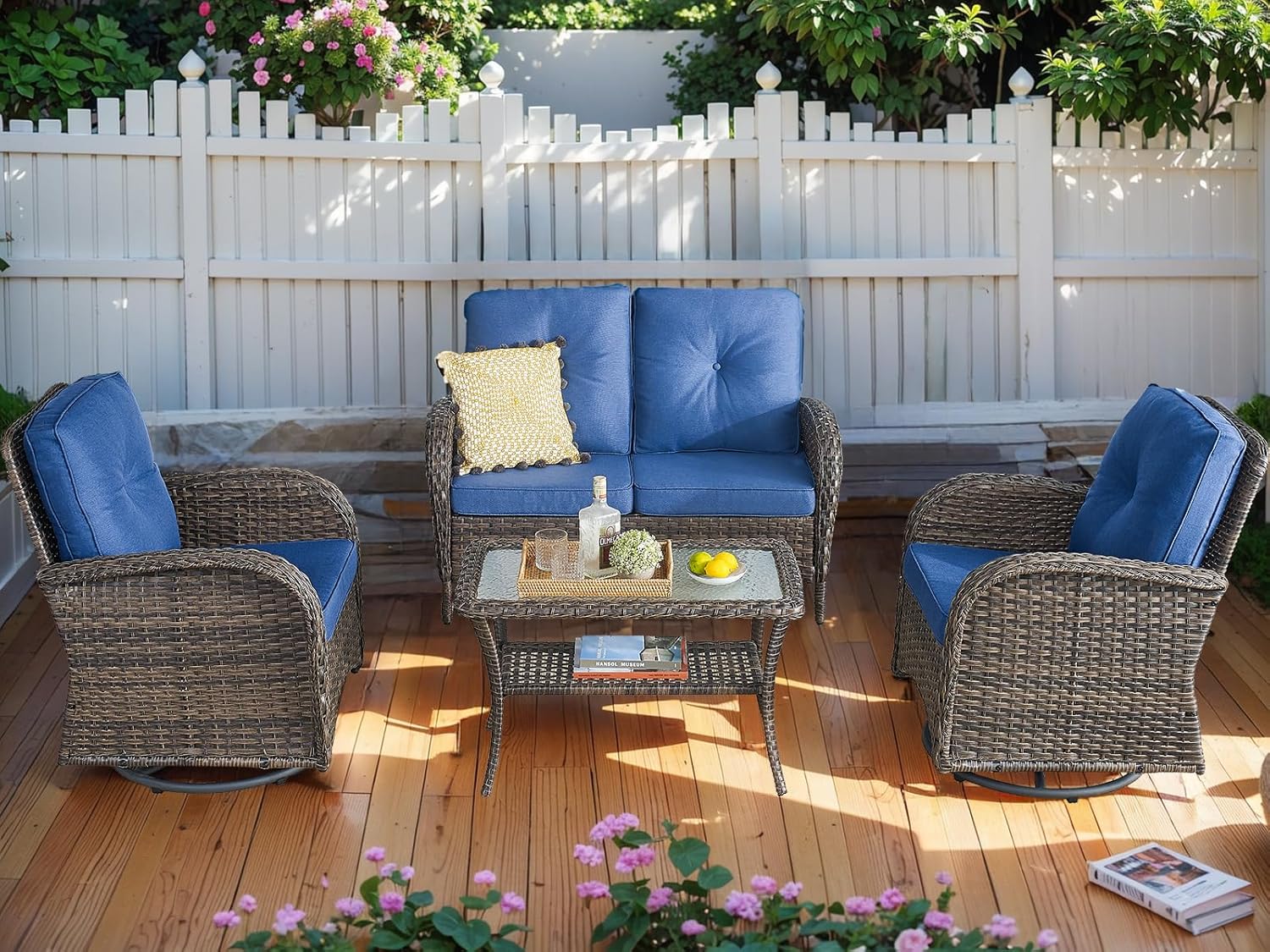 HUMMUH Outdoor Loveseat Sofa 2-Seat PE Wicker Couch with Coffee Table,Deep Seat High Back Patio Furniture for Balcony,Garden,Porch,Deck(Blue)