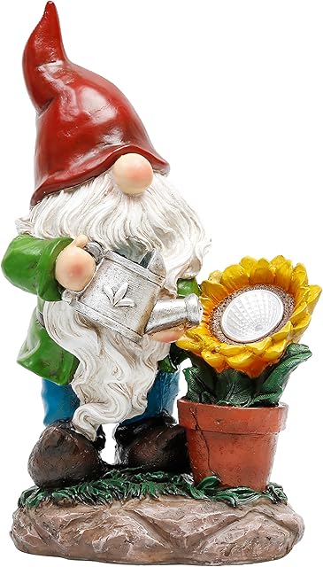 TERESA'S COLLECTIONS Watering Sunflower Funny Gnome Garden Ornaments Outdoor with Solar Lights, Resin Garden Dwarf Outdoor Statue Figurine, Garden Gifts for Autumn Decorations, 29cm