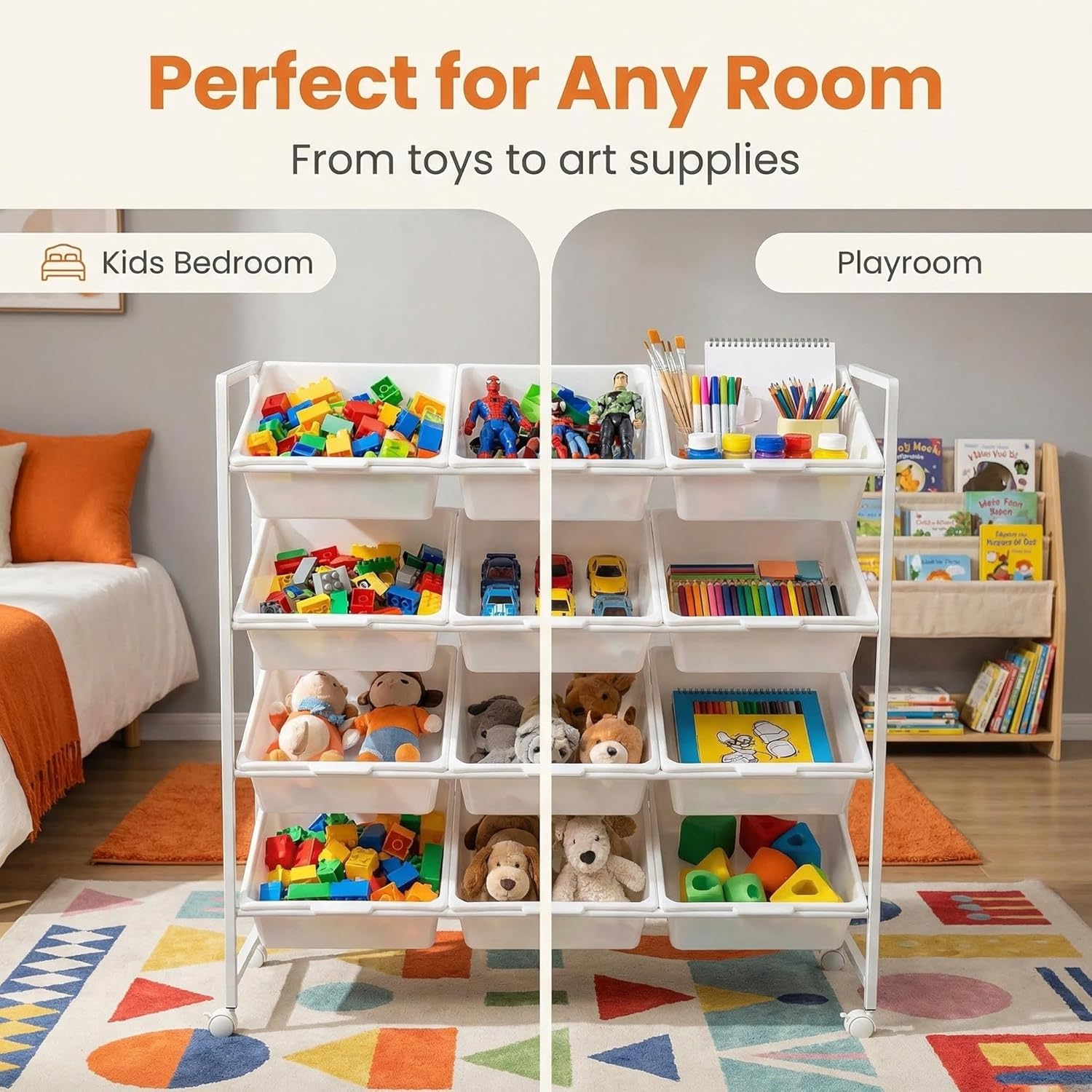 4-Tier 3-Row Kids Toy Storage Organizer with 12 Rolling Plastic Bins, Mobile Utility Cart Bookshelf Cabinet for Playroom, Bedroom, and Classroom, Easy-Glide Bins for Quick Cleanup
