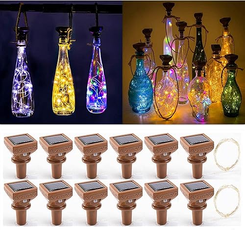 Paquete de 12 luces solares para botellas de vino, 20 luces LED de corcho estrellado, funciona con energía solar, mini tira de luces de cobre para