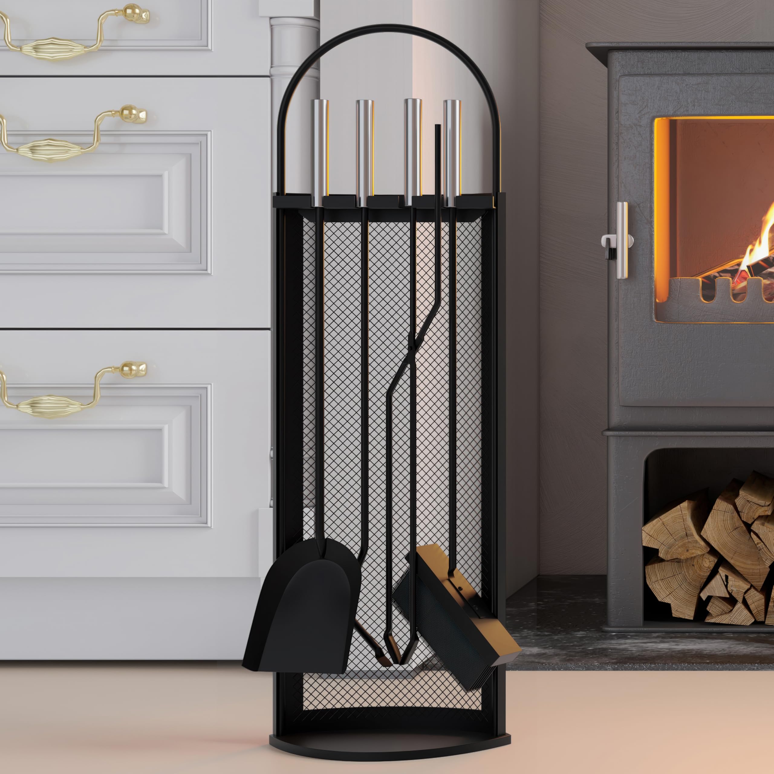 Kingson Set da Camino in 5 Pezzi con Manici in Acciaio INOX 22x16x67cm, Elegante e Resistente Kit di Accessori per Camino Nero