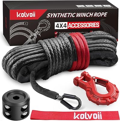 Kolvoii Synthetic Winch Rope Kit 1/4" x 50ft 9,650lbs Grey Rope Red Hook