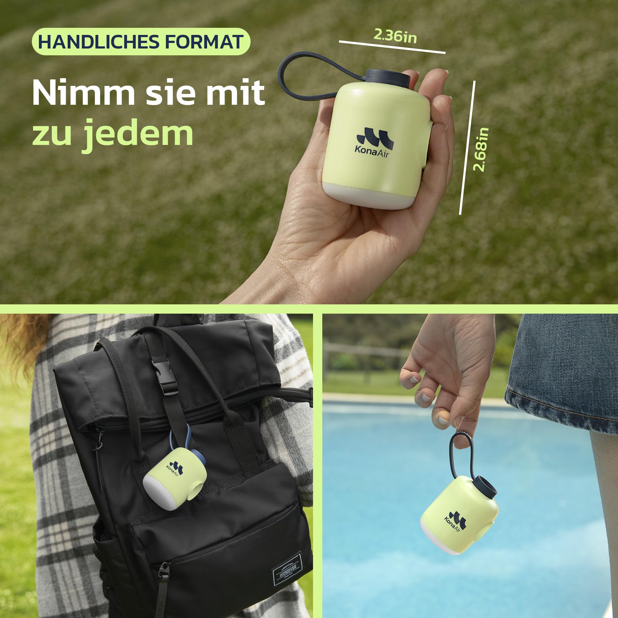 Woowind Kona Air Elektrische Luftbettpumpe, Kabellose Luftmatratzenpumpe für Schwimmreifen, Schwimmringe, Luftbetten, Luftsofas, Winzige Tragbare Ultra-Mini-Luftpumpe, Wiederaufladbarer Akku